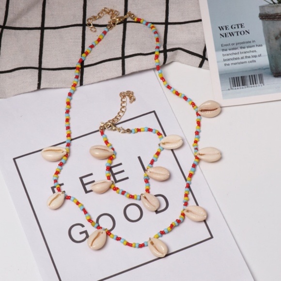 Spring Summer Colorful Beads and Shells Necklace and Anklet Set - Picture 3 of 6